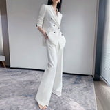 Wjczt 2022 Spring Autumn Korean Women's 2 Pcs Suit Set Office Lady Graceful High-End OL Coats+Wide Leg Pants Sets New White Clothing
