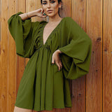 Wjczt Office Sexy Low Cut Pleated Dresses Backless Lantern Sleeve 2024 Summer Dress Woman V-Neck High Waist Casual A-Line Green Dress