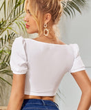 Wjczt Sexy Square Collar Cropped Tops Elegant Short Puff Sleeve Button Up Blouse Casual Solid Short Tee Shirt Female High Street Shirt