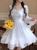 Wjczt White Kawaii Dress Women Chiffon Lolita Style Long Sleeve Mini Dresses Bow Fairy Robe Ruffles Patchwork Square Collar