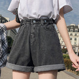 Wjczt New Summer Women High Waist Button Wigh Leg Jeans Shorts Casual Female Loose Fit Blue Denim Shorts