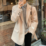 Wjczt Autumn Warm Wool Tailored Coats Women Loose Apricot Solid Suit Jackets Patchwork Long Sleeves Outwear Korean Fashion New