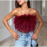 Wjczt 2022 New Fashion Women Sexy Furry Tops Camis Women Casual Tank Tops Female Chic Sleeveless With Real Ostrich Feather Tunic Vest