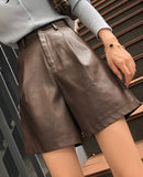 Wjczt Faux Leather Bermuda Shorts Vintage Chic Imitation Pu Shorts Women Fall Winter Wide Leg Loose Casual Shorts Black S-2Xl