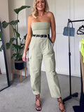 Wjczt 2023 Women Summer Strapless Jumpsuits With Belt Causal Solid Sleeveless Wrapped Chest Fashion Jumpsuit Full Cargo Pants