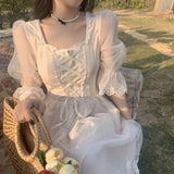 Wjczt Women Lace Elegant Princess Party Fairy Dress French Vintage Midi Dress Female Spring Casual Korean Wedding Victorian Dress