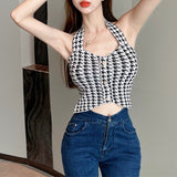 Wjczt Houndstooth V Neck Halter Top Crop Top Women Sexy Backless Camisole Knitting Soft Comfortable Vest Women 2022 New