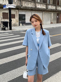 Wjczt Elegant Women's Pants Suit Female Office Tracksuit Blazer Summer Thin Casual Loose Short Sleeve Jacket Shorts Two Piece Set