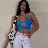 Wjczt Blue Halter Crop Tops Sleeveless Backless Hollow Out Bandage Tee Top Sexy Skinny Summer New Beach Casual Clothes Y2K