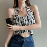 Wjczt Houndstooth V Neck Halter Top Crop Top Women Sexy Backless Camisole Knitting Soft Comfortable Vest Women 2022 New