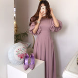 Wjczt Korean Solid Casual Chic Elegant Dress for Women High Waist O-Neck Straps Short Lantern Sleeves Pleated Midi Dresses Summer