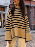 Wjczt Autumn New Women's High Collar Knitted Sweater Striped Slit Pullover Oversized Sweater Winter Clothes Women Thick Sweaters