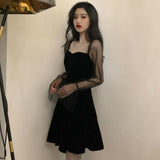 Wjczt Long Sleeve Dress Women Korean-style Vintage Elegant Mesh Square-collar Club-wear Mini Dresses Sexy Lady A-line High-waist Slim