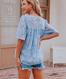 Wjczt Women Summer Short Sleeve Lace Jacquard Loose Blouse Elegant Solid Sweet Kawaii Shirts Korean Fashion Hollow Out Chiffon Tops