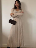 Wjczt Casual V-neck Women Knitted Maxi Dress Autumn Elegant Ribbed Long Sleeve Bodycon Dress Ladies Fashion Streetwear Dresses