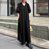 Wjczt Women Casual V Neck Solid A-Line Vestido 2022 Fashion Long Puff Sleeve Sundress Holiday Dress Retro Kaftan Dress Oversize