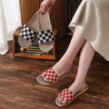 Wjczt New Checkerboard Linen Slippers Women 2022 Summer Indoor Home Shoes Household Non-slip Couple Four Seasons Men's Sandals Y