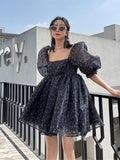 Wjczt Birthday Dress For Women Elegant Party Dress Y2k Pink Mesh Chic Woman Evening Vestidos Square Collar Puff Sleeve prom dress