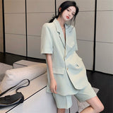 Wjczt Elegant Women's Pants Suit Female Office Tracksuit Blazer Summer Thin Casual Loose Short Sleeve Jacket Shorts Two Piece Set