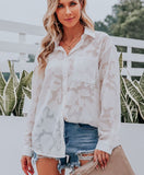 Wjczt Women Elegant Lace Blouse Spring Summer Lapel Button Up Shirt Sexy Hollow Out Blouse Office Lady Luxury Top Tunic Streetwear