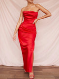 Wjczt Nightclub Style Dresses Strapless Sleeveless  Solid Color Slit Pleated Grace Long Dress Summer Sexy Red Dresses