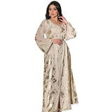 Wjczt Ramadan Eid Dubai Fashion Abayas Autumn Winter New Muslim Gilded Robe Femme V-Neck Printing Chiffon Evening Dress With Belt Plus