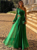 Wjczt Green Color Women Shinnign Satin Sexy One Shoulder Hollow Out Bodycon Long Dress Fashion Celebrate Cocktail Maxi Party Dress