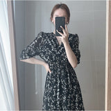 Wjczt Vintage Korea Fashion Clothing Summer Slim Elastic Waist A Line V Neck Elegant Office Lady Floral Chic Chiffon Long Dress Retro