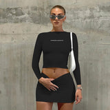 Wjczt Letter Print Solid Turtleneck Short Sleeves Crop Top Skirts 2 Pcs Set Sexy Slim Summer Fashion Outfit Streetwear Sports