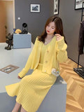 Wjczt Womans Clothes for Autumn Winter Loose Solid Knitwear Women's Two Piece V-Neck Casual Dress Set Long Sleeve Sweater Skirt