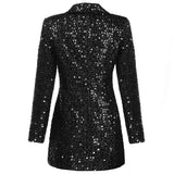 Wjczt Winter Designer Blazer Coat Women Double Lion Buttons Shawl Collar Glitter Sequined Long Runway Black Jacket Blazers