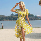 Wjczt Floral Print Ruffle Hem Tie Side Wrap Dress Summer V-neck Prairie Chic Short Sleeve Women Dress Yellow Printing Robe Femme