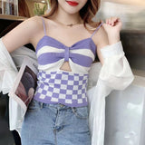 Wjczt Checkerboard Crop Top Women Sexy Hollowed Knitting Tank Top Bowknot Soft Comfortable Breathable Camisole 2022 New