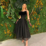 Wjczt Black Women Party Dress 2023 Sexy Tulle Spaghetti Sleeveless Long Dress Elegant Pleated A Line Formal Dresses