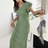 Wjczt 2022 Elegant Slim Knit Long Dress Women Summer Korean Simple Solid Sexy Hollow Out Deresses Female 2 Piece Set Derss