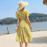 Wjczt Floral Print Ruffle Hem Tie Side Wrap Dress Summer V-neck Prairie Chic Short Sleeve Women Dress Yellow Printing Robe Femme