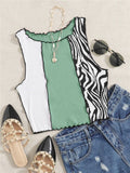Wjczt Zebra Stripe Graphic Patchwork Rib Knit Ruched Crop Vest Women Y2K Clothes Summer Harajuku Sleeveless Tank Tops Streetwear