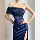 Wjczt Tulle Evening Dress Long Luxury Raglan Shoulders High Splits Wrapped Dress Multi-wear Sexy Midi Dress Royal Blue Party Dress