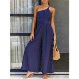 Wjczt Waist Folds Backless Double Strap Casual Wide Leg Jumpsuit Long Pants Green New Female Loose  Jumpsuit