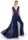 Wjczt Women Elegant Chiffon Jumpsuit Evening Dress With Overskirt Sexy Deep V-neck Sequined Top Pant Party Dress Backless Prom Dresses