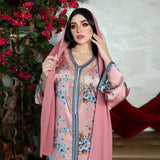 Wjczt Traditional Festival Ramadan Eid Gorgeous Party Style New Satin Rayon Pink Diamond VNeck Muslim Print Dress Jalabiya Women Ab156