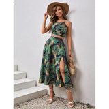 Wjczt Summer new women's fashion casual halter sleeveless vest print waist dress