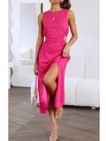 Wjczt Side Waist Cut Out Back Zip Women Summer Beach Dress Sleeveless Split Midi Tank Rose Red Female Vestido Robe Casual