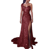 Wjczt Elegant Red Off Shoulder Split Glitter Long Dress Women Sexy Party Club Shine Dress Floor Length Sequin Evening Chic Vestidos