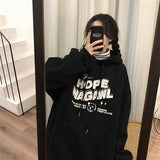 Wjczt Harajuku Black Fleece Baggy College Pullover Letter Printing Sweatshirt Casual Lazy Wind Raglan Sleeves Drawstring Hoodie Autumn