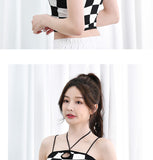 Wjczt Retro Checkerboard Crop Top Women Y2K Gyaru Sexy Halter Top Summer Fashion Fixed Cup Camisole Smooth Breathable Tank Top