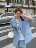 Wjczt Elegant Women's Pants Suit Female Office Tracksuit Blazer Summer Thin Casual Loose Short Sleeve Jacket Shorts Two Piece Set