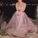 Wjczt Luxury Women Wedding Dress High Collar Long Sleeve Sequined Swing Long Lace Dress Tulle See-through Evening Party Dress