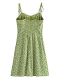 Wjczt Women Vintage Green Floral Print Thin Strap Chiffon Dress French Style Ladies A-line Short Summer Dress Sling Robe