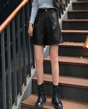 Wjczt Faux Leather Bermuda Shorts Vintage Chic Imitation Pu Shorts Women Fall Winter Wide Leg Loose Casual Shorts Black S-2Xl
